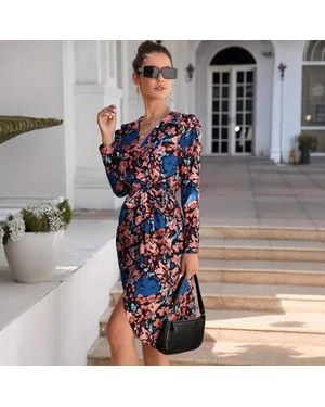TRUEDAMES Printed V-Neck Long Sleeve Side-Slit Tie-Front Dress Wrap-Style Maxi Gown - Blue