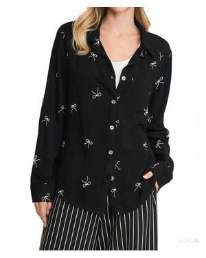 Umgee Linen Blend Embroidered Bow Button-Down Shirt - Black