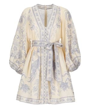 Zimmermann Floral Linen Midi Dress With V-Neckline And Puff Sleeves - White
