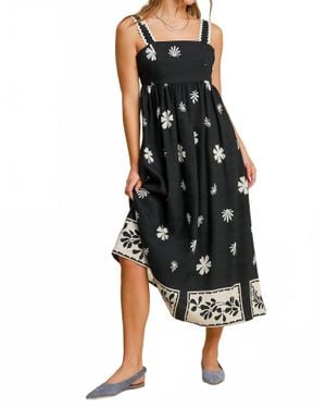 Umgee Floral Border Print Midi Dress With Rick Rac Trim - Black