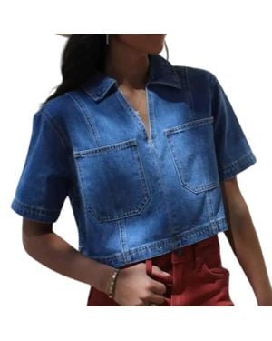 Miou Muse V-Neck Front Pocket Short Sleeve Top - Blue
