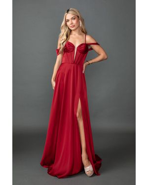 DQ Off-The-Shoulder Satin Prom Dress With Sweetheart Neckline, Spaghetti Straps, And Front Slit Skirt - Red