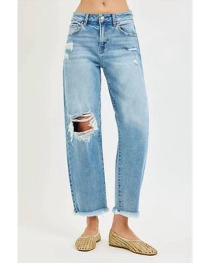 Risen High Rise Crop Barrel Distressed Jeans - Blue
