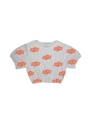 Capri Designs Oklahoma State College Sequin Game Day Top - White