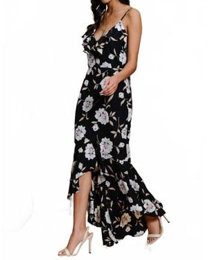 Endless Blu. Floral Ruffle Hem Midi Dress - Black
