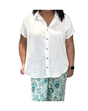 Wishlist Shirred Short Sleeve Button Down Linen Top - White