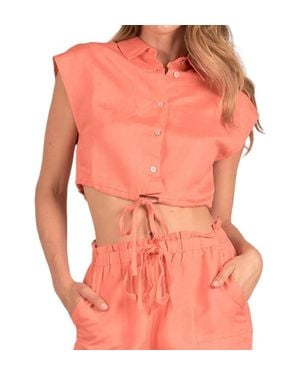 Elan Sleeveless Cropped Button Up Tie Top - Orange