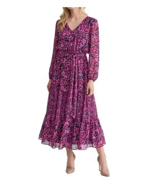 Kasper Long Sleeve V-Neck Printed Maxi Dress - Purple