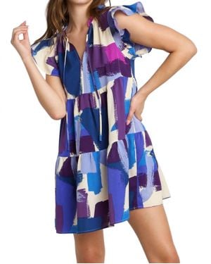 Umgee Brushstroke Smocked Flutter Sleeve Dress - Blue