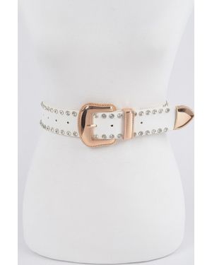 Fashnzfab Rhinestone Trimmed Multi Metal Plus Size Belt - White