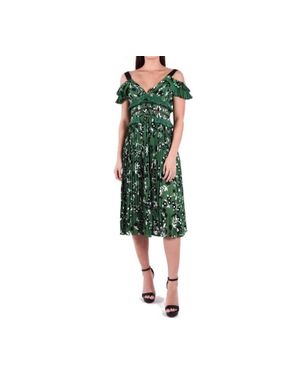 Self-Portrait Pre-Loved Cold Shoulder Lace Trimmed Plisse Crepe Midi Dress - Green