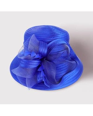 Fashnzfab Feather Pointed Mesh Bow Dressy Hat - Blue
