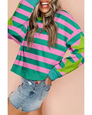 TRUEDAMES Stripe Star Patchwork Round Neck Pullover Sweatshirt - Blue
