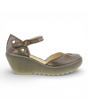 Fly London Yuna Bronze Leather Wedge Sandals - Metallic