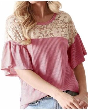 Bibi Waffle Knit Lace Ruffled Sleeve Top - Pink