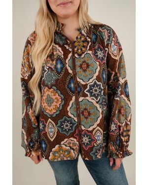 Umgee Western Mandala Ruffle Collar Blouse - Brown