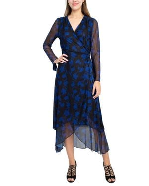 Laundry by Shelli Segal Surplice V-Neck Back Zipper Midi Draped Mesh Dress - Blue
