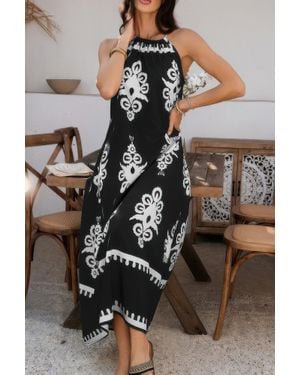 TRUEDAMES Geo Print Halter Sleeveless Loose Fit Dress - Black
