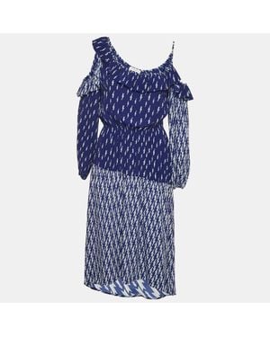 Sandro Lightning Bolt Print Crepe Cold-Shoulder Midi Dress - Blue