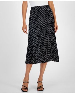 Tahari Midi Skirt Dotted Printed Pleated Pull-On Fts1060 - Black