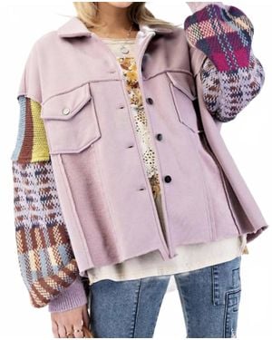 Easel Fleece And Rose Knit Mix Pattern Button Down Jacket - Pink