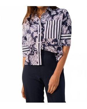Foxcroft Marina Woodblock Floral Long Sleeve Shirt Top - Blue