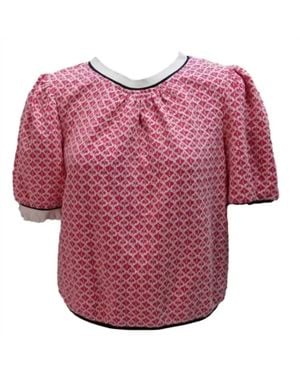 Voya Deanna Contrast Collar Ruffle Printed Top - Red