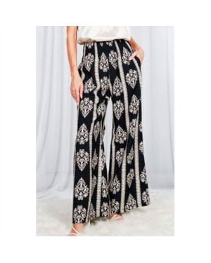 Vine & Love Geo Print Smocked Wide Leg Pants - Black