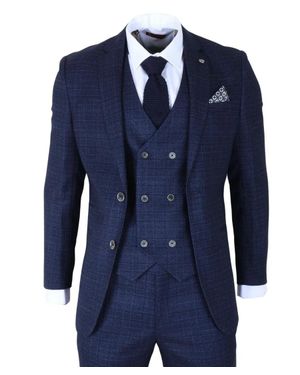 Robert Simon 3 Piece Suit Plaid Checked Slim Fit Formal Dress - Blue