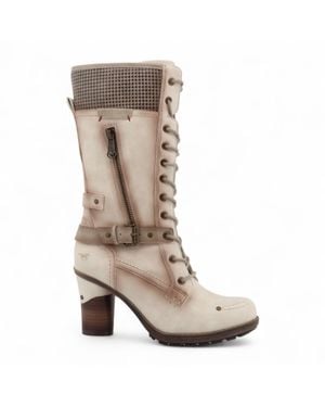 Mustang Cream Mid-Calf Lace Up Heeled Combat Boots - Brown