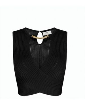 Elisabetta Franchi Sleeveless Perforated Ribbed Knitted Jewel Top - Black