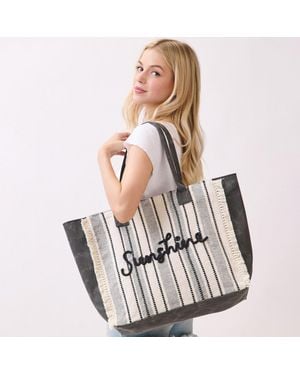 Fashnzfab Vintage Sunshine Message Stripe Fringe Tote Bag - Black