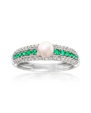 Ross-Simons 4.5-5Mm Cultured Pearl, Diamond And Emerald Ring - Green