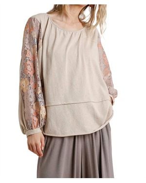 Umgee Floral Lace Sleeve Top - Gray