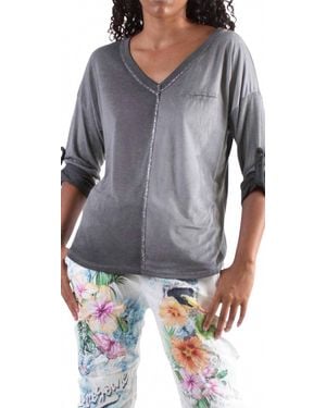 Gigi Moda Piamo Two Tone V-Neck Knit Top - Gray