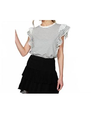 Vine & Love Ruffle Sleeve Trim Striped Top - Black
