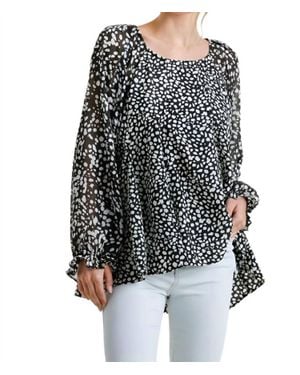 Umgee Dalmatian Balloon Ruffle Sleeve Top - Black