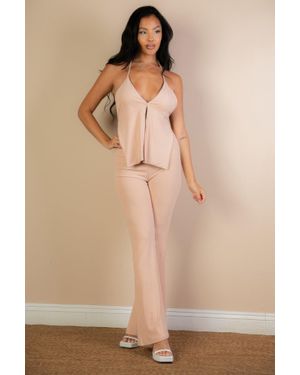 TRUEDAMES Split Front Backless Halter Top & Flare Pants Set - Natural
