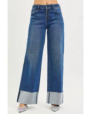Risen Slouchy Wide Leg Jeans With Cuffed Hem - Blue