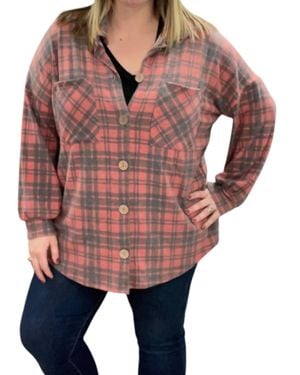 Honeyme Buffalo Plaid Fleece Button Shirt Jacket - Red