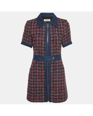 Sandro Multicolor Check Tweed Denim Trim Mini Dress - Blue