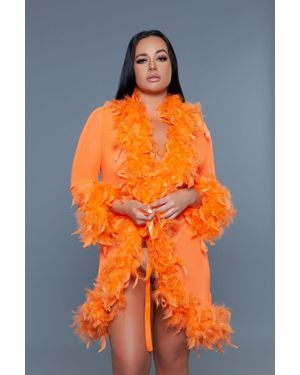 TRUEDAMES Luxe Short Chiffon Robe With Feather Boa Trim - Orange