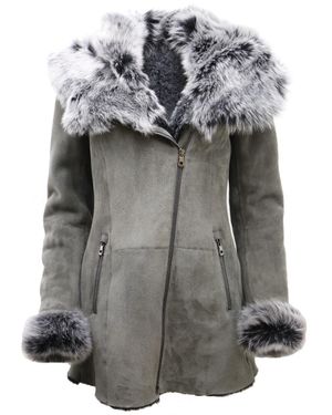 Infinity Leather Suede Hooded Merino Sheepskin Coat-Monrovia - Gray