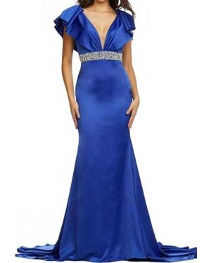 Ashley Lauren Plunging Neck Trumpet Evening Gown - Blue
