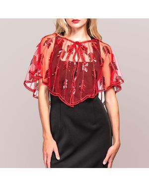 TRUEDAMES Sequin Bow Pointed Leaf Beaded Retro Style Sheer Shawl Cape Poncho - Red