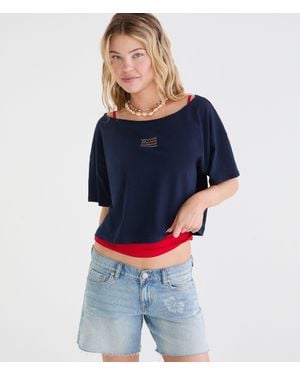 Aéropostale Seriously Soft American Flag Off-The-Shoulder Boyfriend Graphic Tee - Blue