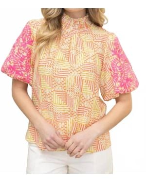 Voya Smocked Neck Contrast Embroidered Bubble Sleeve Top - Pink
