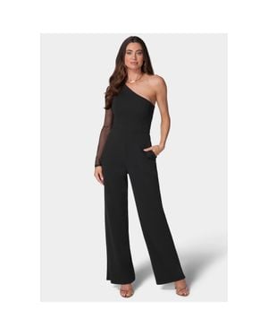 Bebe Long Sleeve Mesh One Shoulder Jumpsuit - Black