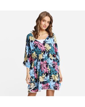 TRUEDAMES Boho Leaves Print Drawstring Mini Tunic Dress - Blue