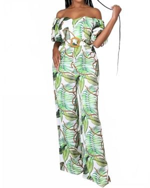 Peach Havana Honey Off The Shoulder Tropical Jumpsuit - Green